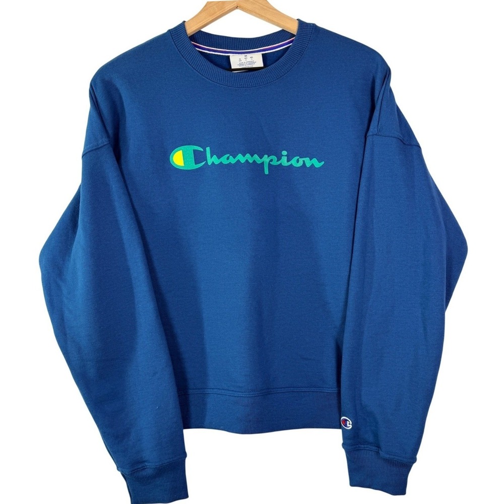 Champion Crewneck Sweatshirt Blue Green Logo Fleece GF535 Mens Medium